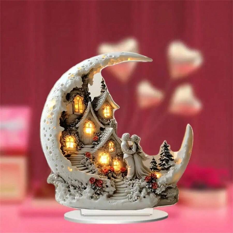 2D亚克力桌面摆件月亮城堡心形浪漫装饰品，适用于书架、家居聚会，无需用电