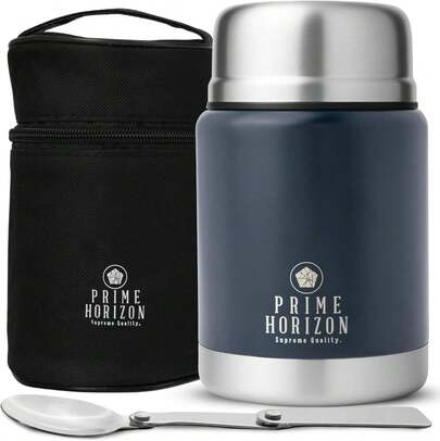 Horizon Food Flask - 500ml Stainless Steel Vacuum Double Wall Jar With Folding Spoon, Leakproof And . Free Insulated Travel Bag With Carabiner And Gift Box (Blue)