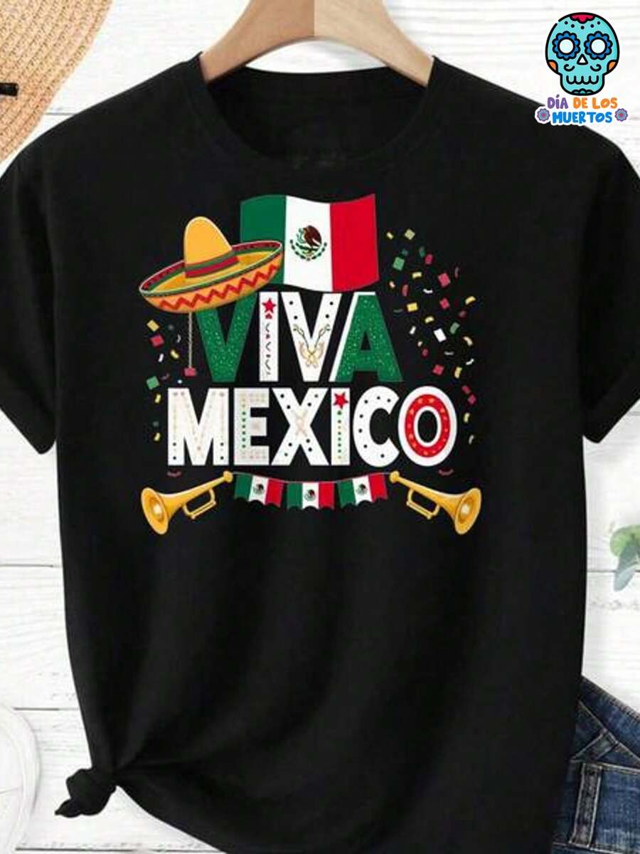Camiseta De La Independencia De México Para Hombres - Camiseta Gráfica Viva México Con Sombrero Y Chile, Camiseta Negra, Tejido Transpirable Para El Cinco De Mayo, Día De Muertos - Atuendo Casual Para Fiestas, Ropa De Celebración Cultural, Camiseta Con Estampado Vibrante, Ajuste Cómodo, Cuello Redondo, Para Asistentes A Festivales - oscuro - Ver 1