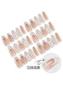 30片杏仁形/长款立体花朵白色蝴蝶结美甲贴片，搭配仿珍珠法式小香氛美甲贴片/完美贴合的亚克力假指甲套装，包含1支果冻胶和1个指甲锉，适合女性秋冬季日常工作、学习和聚会美甲。也适合聚会、节日和日常使用。 - 彩色 - 查看 3