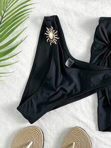 Conjunto de bikini de 3 piezas de unicolor, diseño de tirantes anchos con aros para un soporte cómodo, creando un estilo de playa de moda, perfecto para la playa y fiestas en la piscina en verano