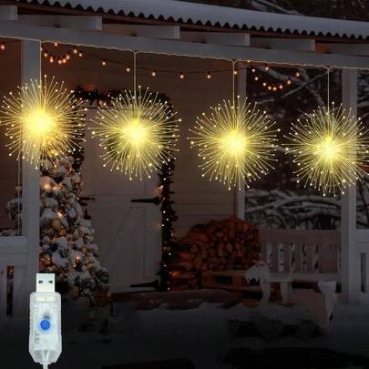 2 piezas/4 piezas Fuegos artificiales colgantes, luces en forma de bola de estallido alimentadas por USB, decoraciones colgantes para el techo, luces de fuegos artificiales LED, para el Día de San Valentín, bodas, fiestas, adecuadas para tiendas de campaña, jardines, patios, porches, decoración interior para fiestas, jardines, bodas, dormitorios (luz cálida, luces de colores)