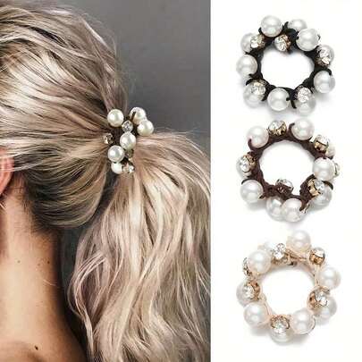 3-Pack Women's Black Elastic Hair Ties, Pearl Head Rope, Water Diamond Braided Hair Rope, (3 Pieces Included In Package)