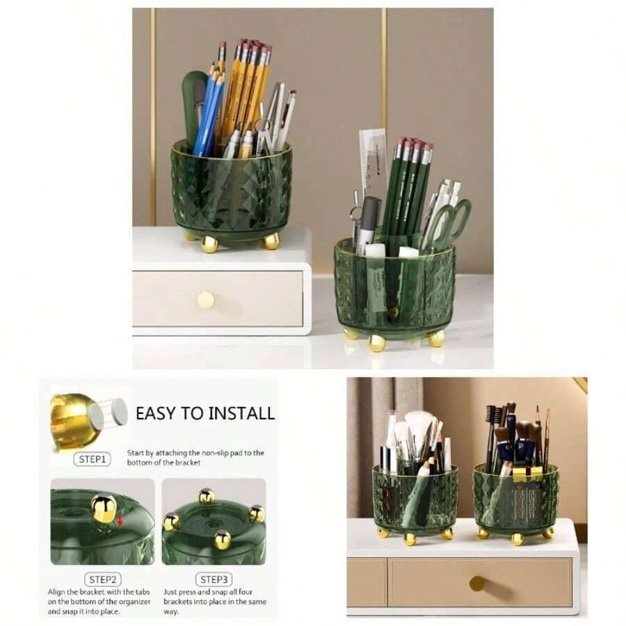 Dark Green Pen Pencil Holder Desk, 360 Rotating Pen Organizer, Green Office Supplies, Cute Pen Holder, 6 - Compartment Pencil Holder Rotating - Dark Green - View 1