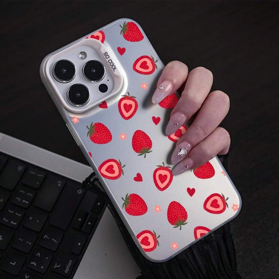 Funda de Teléfono Color Plata para iPhone 11/12/13/14/15/16/16 Pro Max con Diseño de Fresa, Corazón Rojo y Pequeña Flor (Color Uniforme, Duradera) - Plateado - Ver 1