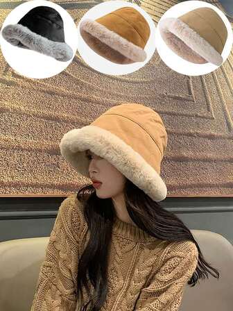 冬季羊毛渔夫帽，日式保暖棉帽，防风护耳毛绒渔夫帽，可爱无檐小帽
