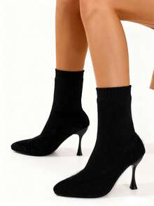 Schwarze Stiefel für Damen - Herbst/Winter High Heel Kniehohe Elastik Strick Schlüpfstiefel, schmeichelhaft vielseitig für den täglichen Gebrauch zu Weihnachten - Schwarz - Übersicht 3