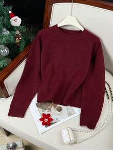 1pc Burgundy Sweater, Vintage Christmas/New Year Red Top, Slouchy Knit Pullover, Suitable For Dates, Everyday Wear In Autumn/Winter, Fashionable For Young Women, Retro Style For Daily Outings, Suitable For French Style Lovers & Lightly Mature Women - Burgundy - View 2
