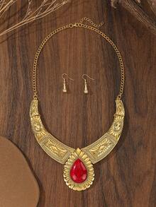 طقم قلادة معدنية أوروبية وأمريكية مبالغ فيها بتصميم الأزهار الزرقاء الفيروزية الشكل الدمعي الفينتاج