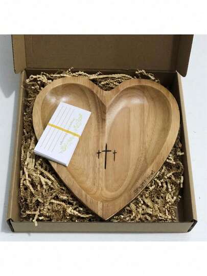 1pc Heart-Shaped Prayer Bowl With Cross And "Prayer Bowl" Engraved, Handmade Wooden Heart-Shaped Bowl, Home Decor For Living Room, Prayer Room And Dining Table, Gift For Christmas, Valentine's Day