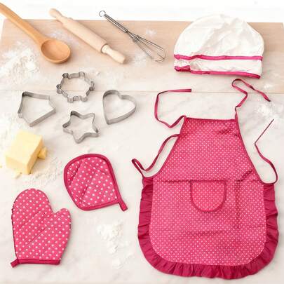 Kids Size Polka Dot Apron Set, Boys Girls Kitchen Game Interactive, Baking Cooking Costume, Pretend Play Cooking Birthday Party DIY Kitchen Toy