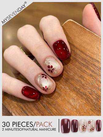 30 Pieces Press On Nails Square/Short Deep Red Color Blocked Gold-Plated Butterfly Pattern Nail Plate/Perfectly Fitting Acrylic Fake Nail Set, Including 1 Jelly Glue And 1 Nail File, Suitable For Women's Daily Work, Study, And Gatherings In Autumn And Winter Nail Products Suitable For Gatherings, Festivals , And Daily Use