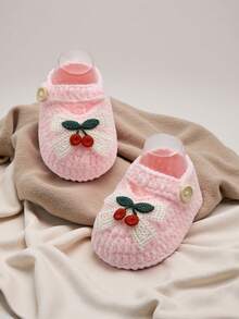 1 Pair Baby Girls' Cherry Mary Jane Ankle Boots, White Knit With Button Strap - Baby Pink - View 3