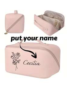 Personalized Monthly Cosmetic Bag - Customizable Name & Floral Pattern, Large Capacity Portable Travel Makeup Bag, Soft Makeup Pouch For Women, Beige & Black Floral Print, Cosmetic Travel Bag, Monthly Theme Design, Elegant Font - Multicolor - View 6