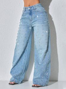 定制串珠低腰阔腿休闲蓝色做旧侧袋弧形裤脚女式牛仔裤，秋季款 - 藍色 - 查看 5