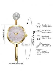 女士珍珠手链腕表，精致简约水钻镶嵌表盘，石英模拟腕表，百搭 - 金色 - 查看 3