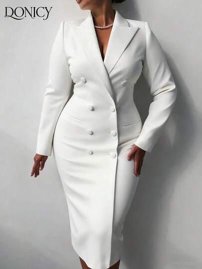 DONICY Plus Size Women's Spring/Summer Solid Color Double-Breasted Faux Pocket Long Blazer Coat, Fashionable Minimalist Elegant Luxury Workwear Outerwear, Suitable For Daily Casual, Business Office, Formal Evening, Dating, Valentine's Day, Carnival