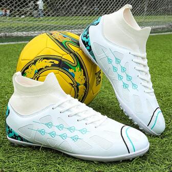 Unisex Geometric Pattern Sports Shoes, Athletic Knit Lace-Up Football Boots For Outdoor Sports, All Season