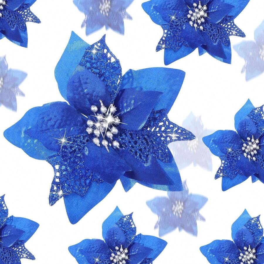 24 Pieces Christmas Artificial Glitter Poinsettia Flowers Xmas Flowers Wedding Christmas Tree New Year Ornaments(Royal Blue),26173575 - 寶藍色 - 查看 1