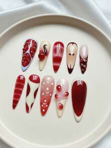 Brighten Your Nails – 10PCS Fall/Winter Long‑Length Almond Handmade Press On Nails, Red Gradient Cream French Tip Nails With Hand‑Painted Apple, Strawberry & Pomegranate Art, Droplet & Cherry 3D Emboss, Removable Reusable Nail Set (Includes Nail Glue & Nail File) – & Cute Christmas Nails Autumn Winter Nails