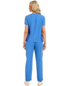 cimmuovere Women's V-Neck Short Sleeve Contrast Color Multi-Pocket Top And Loose Distinctive Multi-Pocket Solid Color Scrubs Nurse Scrubs Workwear Dentist Healthcare Pet Hospital Laboratory Uniform Set - Blue - View 9