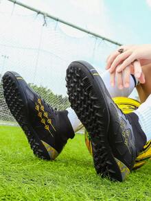 Unisex Geometric Pattern Sports Shoes, Athletic Knit Lace-Up Football Boots For Outdoor Sports, All Season - Black - View 3