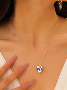 MESTILO 1 件新款中国风心形青花瓷不锈钢吊坠项链，适合女性日常和节日佩戴。情人节、妈妈、母亲、母亲节、礼物