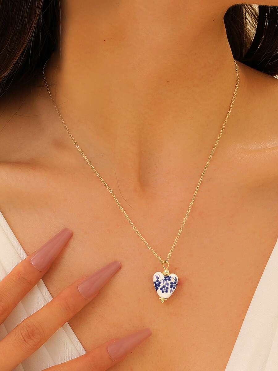 MESTILO 1 件新款中国风心形青花瓷不锈钢吊坠项链，适合女性日常和节日佩戴。情人节、妈妈、母亲、母亲节、礼物