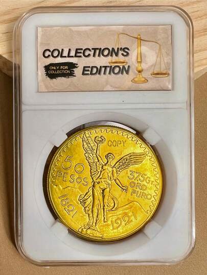 1921 Moneda conmemorativa de oro de 50 pesos mexicanos del Ángel, 1821-1921, relieve artesanal, decoración del hogar, con cápsula de acrílico transparente, moneda coleccionable, moneda desafío, regalo de evento, accesorios de juego, adornos, material de aleación de cobre