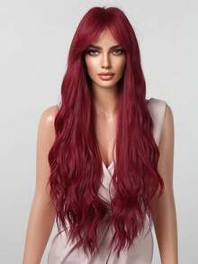 28 Inch Red Color Long Curly Wavy Wig With Curtain Bangs Synthetic Heat Resistant Wig With Bangs Women Wigs For Daily Wear Costume Wigs Cosplay Party Gifts Christmas Winter Fashion Wigs - 中紫紅色 - 查看 3