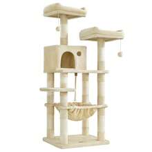 Arbre à Chat Hauteur 143 cm, Tour de Jeux pour Chat, avec 11 Poteaux à Griffer, 2 Plateformes, 1 Niche, 1 Hamac, 2 Pompons, en Tissu Peluche, Plusieurs Niveaux, Beige - Beige - Voir 8