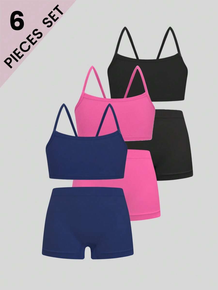 6pcs/Set Girls Casual Fashion Unpadded Camisole Bras And Simple Seamless Comfortable Hipster Panties Set - Multicolor - View 1