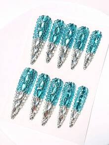 nailrosy 10Pcs Handmade Press On Nails Kit Long Stiletto Blue Bling Glitter Glistening Iridescent Luxurious Rhinestone Decor Acrylic Beach Essentials Nail Supplies Fake Nails Stickers (Random Packaging Card)3D Floral Manicure Y2K Cute For Girls And Women Festivals Parties And Daily Wear Gems Stuff French Gems Stuff - Blue - View 9