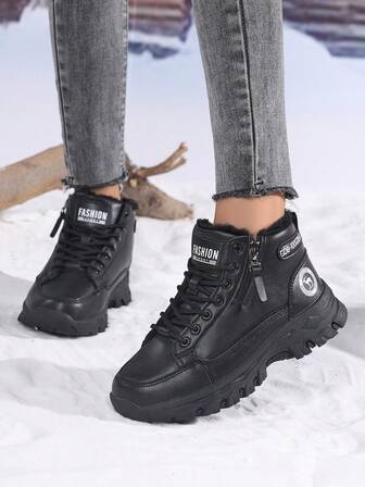 Women's Winter Black Snow Boots, Anti-Slip Rubber Sole, Warm Thermal Lined, Suitable For Cold Weather And Snowy Conditions, Side Zipper High-Top Casual Shoes, Fashionable For Halloween, Christmas
