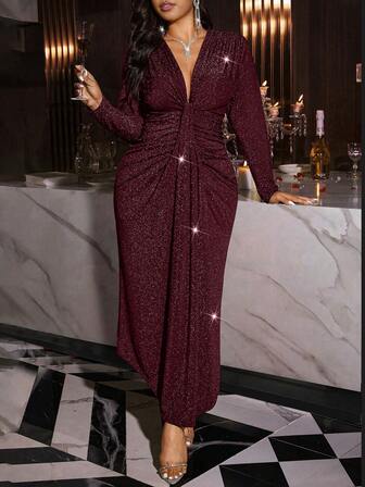 Plus Size Sexy V-Neck Cinched Waist Elegant Versatile Dress