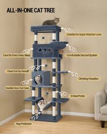 HEXCELEN 82.7-Inch Cat Tree, Large Cat Tower For Indoor Cats, Condo With Perch, Cat House Furniture With 2 Caves, 8 Scratching Posts, Hammock, Pompoms, Washable Cushion, Dark Gray - Màu xám đen - Xem 4