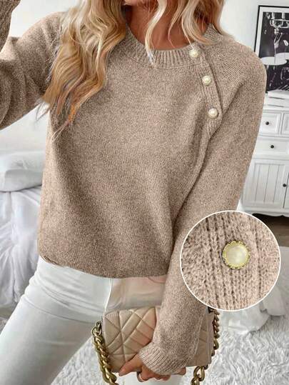 Oblique Button Crew Neck Soft Women Pullover Sweater, Solid Color Ribbed, Suitable For Everyday Wear, Halloween, Christmas, Valentine's Day, Spring/Autumn, Autumn/Winter