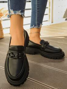 Women's Platform Loafers, Retro College Style Soft Bottom Black Leather Shoes With Chain Decor, New For Spring Autumn