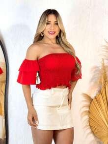 Women's Short, Off-The-Shoulder Tank Top With Gathered Hem And Cutout Shoulder Sleeves, Highly Stretchy Fabric, Summer Fashion. - 紅色 - 查看 2