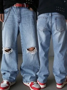 Men's Casual Loose Wide Leg Distressed Jeans, Versatile All-Season, Fashionable Streetwear, Suitable For Work, Commute, Stage Performance, Hangout With Friends, Outdoor Wear - Blue - View 2