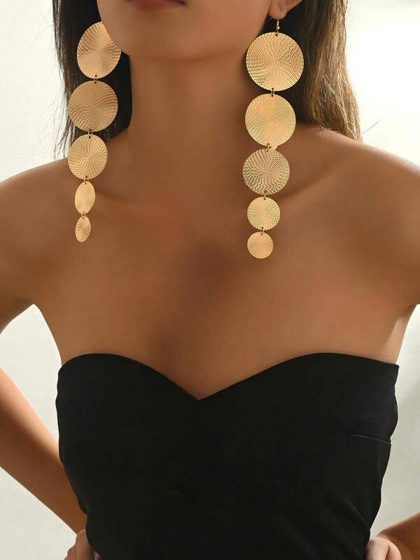 1 Pair Exaggerated Personalized Long Metal Geometric Asymmetric Circle Dangle Earrings For Women, Suitable For Daily Street Style Wear