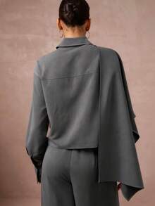 Glitzy Holiday Party Blouse, Bohemian Outdoor Layered, Wedding Season Formal Attire, Adult Ceremony Suit With Cape Sleeves, Modern Monochrome Women's Gray Shirt, Luxury Ball Gown For Halloween, Christmas, New Year Spring - Grey - View 2