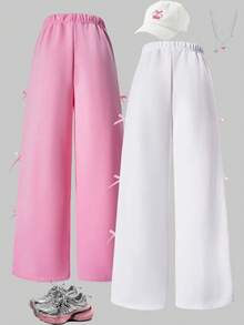 2 piezas Pantalones anchos con rayas laterales y lazo para niñas, pantalones casuales dulces, cómodos y versátiles para primavera, otoño, invierno, diario, escuela y paseos - Multicolor - Ver 5