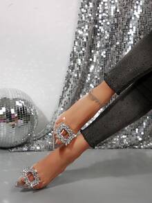 Tacones de aguja transparentes para mujer, tacones altos elegantes para todas las estaciones, decoración para bodas y fiestas, material de plástico y goma duradero, con adornos de cristal, zapatos de noche exquisitos - Plateado - Ver 3