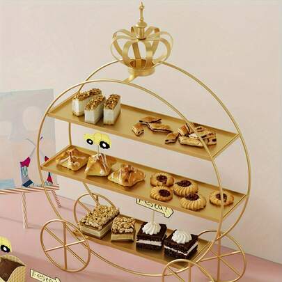 1件套欧式皇冠三层蛋糕架，带轮 - 铸铁材质，适用于婚礼和下午茶装饰，金色饰面，非食品接触展示架，适用于甜点、纸杯蛋糕、饼干（金色/白色/黑色）、糕点展示 | 优雅甜点架 | 坚固耐用
