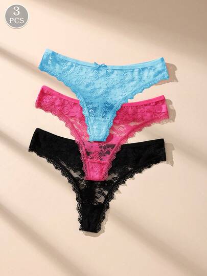 3pcs/Pack Solid Color Lace Splice Sexy Thong Panties, Cute Bow Decor Seamless Stretchy Breathable Women Underwear