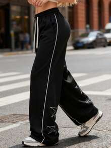 Women's Casual Thermal Lined Sweatpants, Geometric Pattern Embroidered Design, Loose Fit Wide Leg Pants For Women, Suitable For Indoor, Outdoor Activities Like Hiking In Autumn/Winter - 黑色 - 查看 2