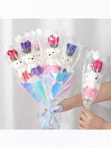 1个仿真玫瑰花香皂，配有小熊图案，适合作为情人节礼物、婚礼装饰、家居节日装饰、周年纪念、返校活动和生日礼物。 - 彩色 - 查看 5