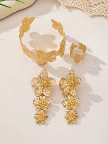 时尚花卉耳环，闪亮金色耳钉，优雅花卉花瓣耳环，适合女士 - 金色1 - 查看 17