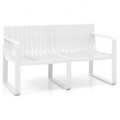 Patio Loveseat 2-Person Bench W/ Curved Backrest Slatted Design For Backyard